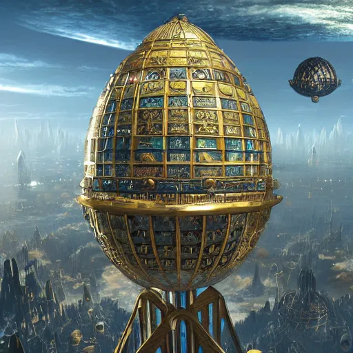 Image similar to enormous flying city in a faberge egg, sky, steampunk, fantasy art, masterpiece, unreal engine, hugh ferriss