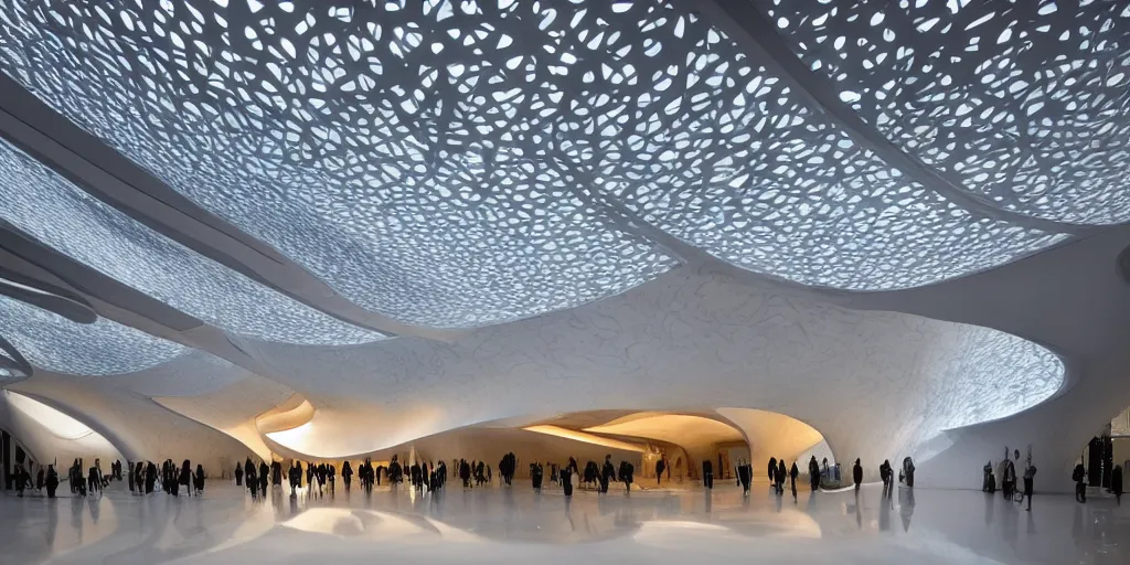 Prompt: extremely detailed ornate stunning sophisticated beautiful elegant futuristic museum lobby interior by Zaha Hadid, stunning volumetric light, light beam, sunset