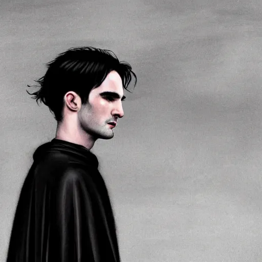 Image similar to well - shaven tom sturridge, black outfit, cape, in the style of tom bagshaw, sandman, misty endless dream cinematic background, netflix sandman