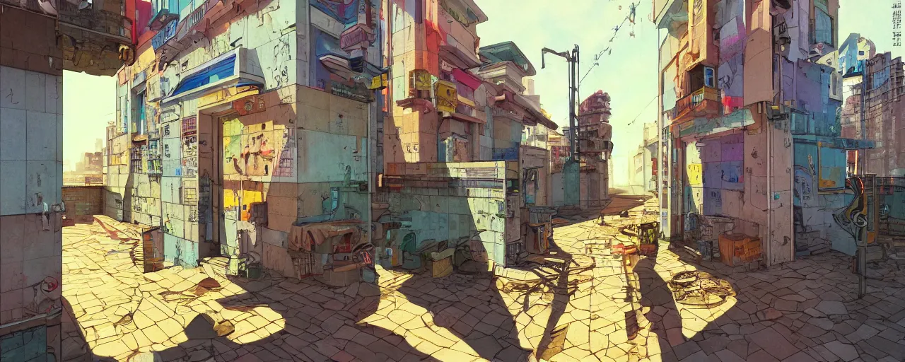 Image similar to neo brutralism, concrete housing, an archway, concept art, colorful, vivid colors, sunshine, light, shadows, reflections, oilpainting, cinematic, 3D, in the style of Akihiko Yoshida and Edward Hopper