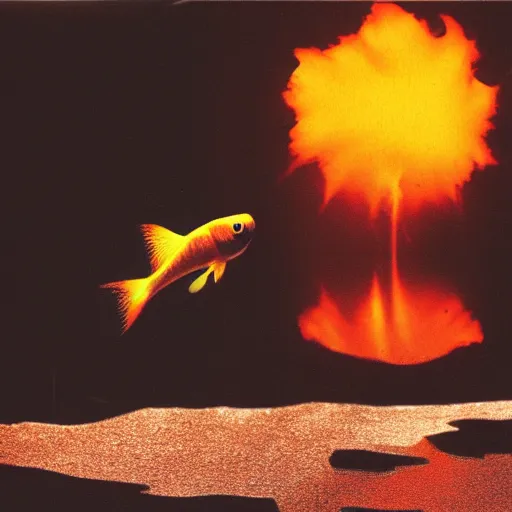 Prompt: a goldfish swims in a nuclear explosion