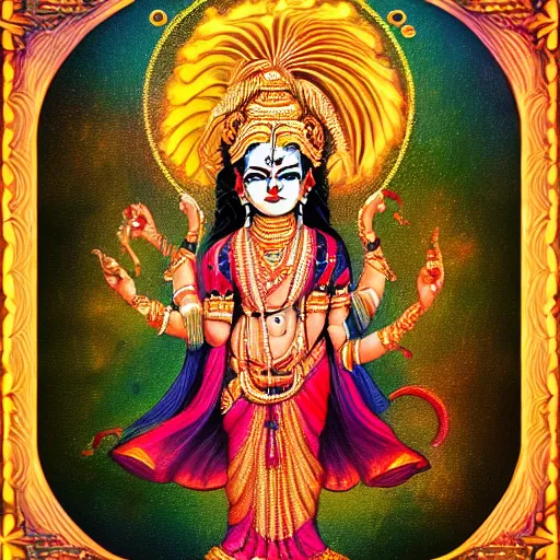 Image similar to a indian women god with eight hand gold color, concept art, art station, digital yellow red sun