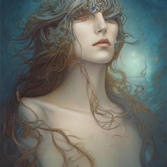 Image similar to a highly detailed beautiful portrait in the style of jean delville and in the style of peter mohrbacher.