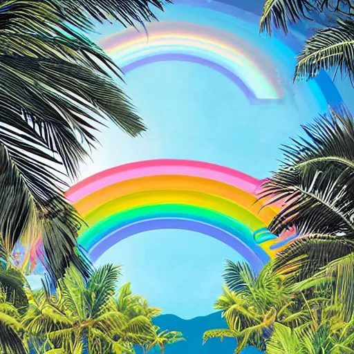 Prompt: miracle musical Hawaii part ii album cover, showing an ocean in the background, spiral transparent stairs on the left with tall palm trees behind it, a slight rainbow in the background, white outline border, moon in the right top area black and white except for the rainbow album cover