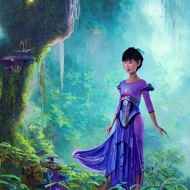 Image similar to southeast asian scifi princess of the cloud forest, wearing a lovely dress with cyberpunk details. this oil painting by the beloved children's book author has an interesting color scheme and impeccable lighting.