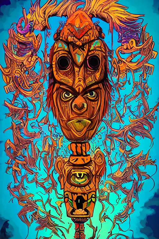 Image similar to totem animal tribal chaman vodoo mask feather gemstone plant wood rock video game illustration vivid color borderlands by josan gonzales and dan mumford radiating a glowing aura