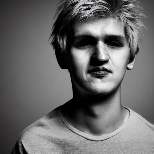 Prompt: portrait of down syndrome xqc, sharp focus, 4 k editorial photograph, soft lighting, black background