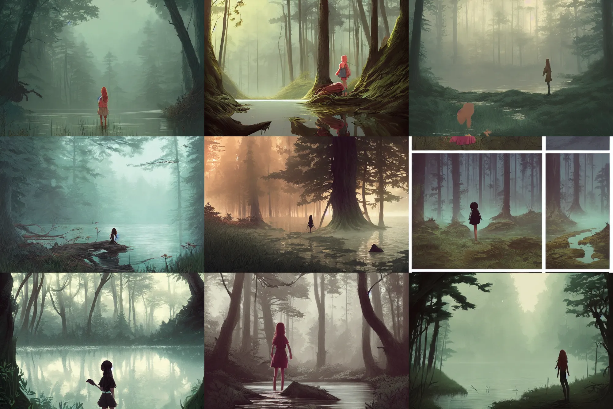 Prompt: forest, lake, girl, infographic with illustrations!!!, digital art,, concept art, detailed illustration, hd, 4 k, digital art, greg rutkowski, dan mumford, studio ghibli trending on artstation