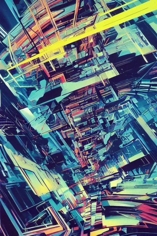 Prompt: wideangle exploding tensor fields, cybernetic, dancing with abandon, madness, decoherence, synthwave, glitch!!, fractured reality, vortex, realistic, hyperdetailed, concept art, art by syd mead, cubism