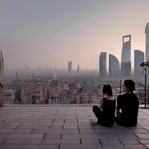 Image similar to a small rooftop with a couple of people sitting and watching the view, wearing black modern clothes, designed by rick owens, messy short hair, modern shanghai bund in smog is on the background, sunset, pale colors, by gregory crewdson