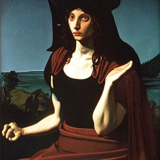 Image similar to portrait of beautiful witch circe in the odyssey, art by petrus christus, caravaggio, leonardo da vinci