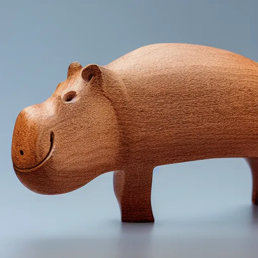 Image similar to a zoomed out studio product shot of a minimalist carved hippopotamus, carved from a glued block of 5 0 % cherry wood and 5 0 % blue resin, in profile, like a catalog photograph, mostly wood, with a smooth featureless minimalist look