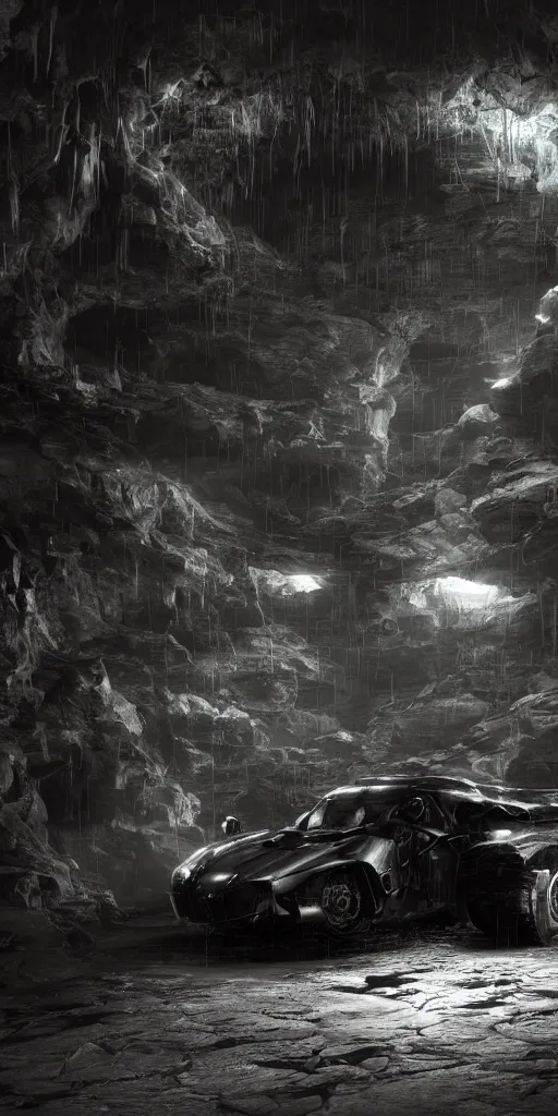 Image similar to the batmobile standing in a very dark and wet cave. highly detailed. intricate. mist. atmospheric. rim light. photorealistic. 8 k. monochrome. rays of light filling the cave. cinematic. matte painting. cinema 4 d. octane render. imagined by ash thorp. ambient occlusion. global illumination.