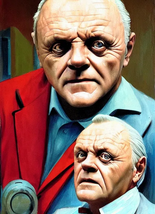 Image similar to Anthony Hopkins with hysterical facial expression at the art deco hospital painting by Edward Hopper and James Gilleard, Zdzislaw Beksinski highly detailed