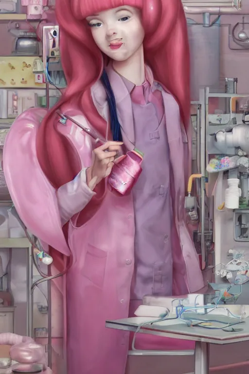 Image similar to highly detailed, industrial photography, profile view of adult princess bubblegum from adventure time, working in her science lab, wearing lab coat, long bubblegum hair, long straight bangs, confident, beautiful, attractive, illustration concept art by nicoletta ceccoli, mark ryden, lostfish, detailed and intricate environment, 8 k resolution, hyperrealistic, octane render