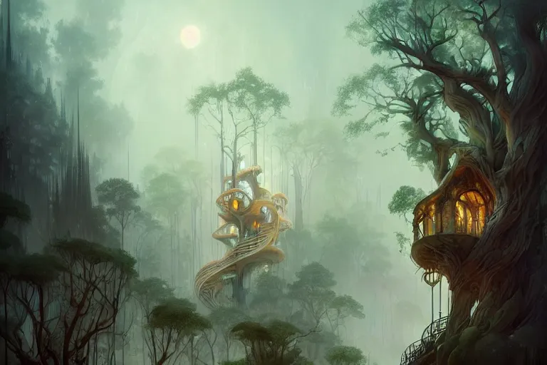 Image similar to treehouse with architecture from antonio gaudi in a deep mystical forest , lampoons, lake, waterfall, tall people walking and discussing, faint dynamic lighting, art by peter mohrbacher on artstation, night mood