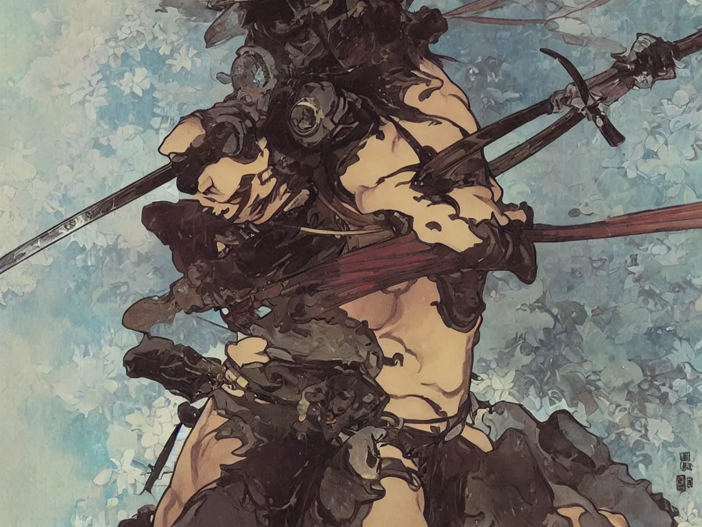 Prompt: close up of a samurai in full armor, training under a waterfall, by fiona staples, range murata, alphonse mucha