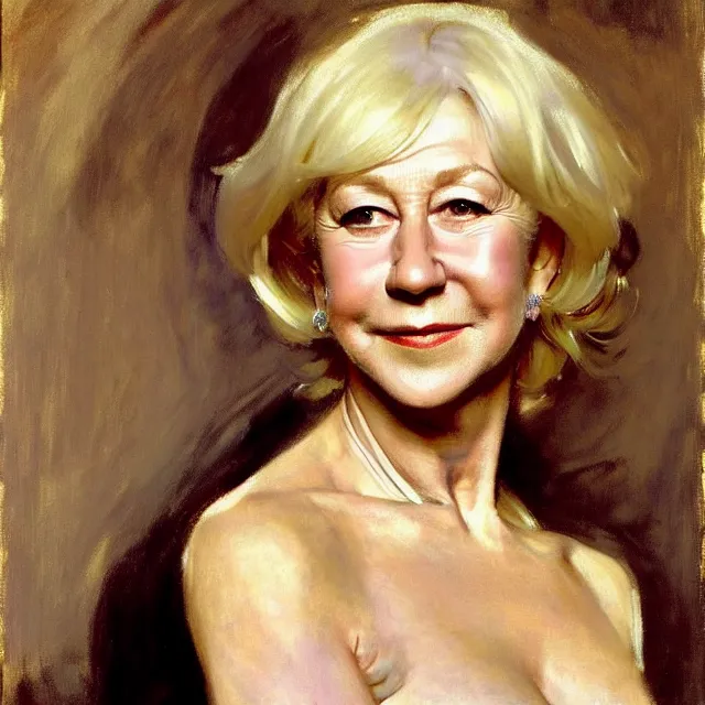 Image similar to a striking portrait of helen mirren by john singer sargent, norman rockwell, and andrew wyeth, strong brushwork, natural light, color palette of pastels and earth tones