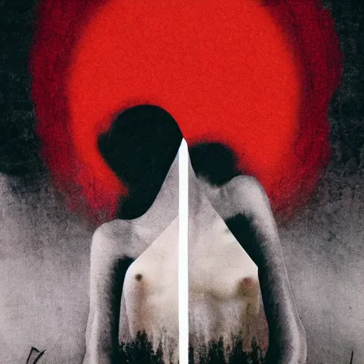 Image similar to A beautiful illustration of a small figure standing in the center of a dark, foreboding landscape. The figure is surrounded by strange, monstrous creatures, and there is a feeling of unease and dread. red, alhambresque by Lyubov Popova, by Ryan McGinley rich details