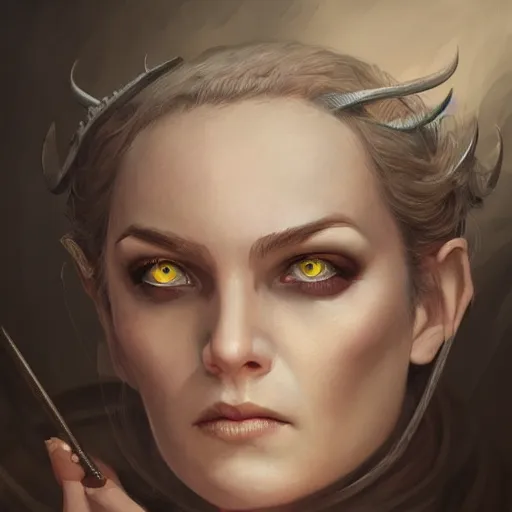 Image similar to a detailed matte head - on portrait painting of an middle - aged half - tiefling noblewoman with golden eyes and short well kept hair, by charlie bowater, lise deharme, wlop, tending on arstation, dungeons and dragon, dnd, pathfinder, fanart, oil on canvas