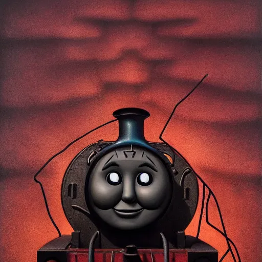 Image similar to thomas the tank engine in style of zdzisław beksinski, extremely dramatic lighting, 8 k, tendrils, black, darkness, black slime tendrils, infected, rust, body horror, thomas the train, thomas the tank engine face, horror,