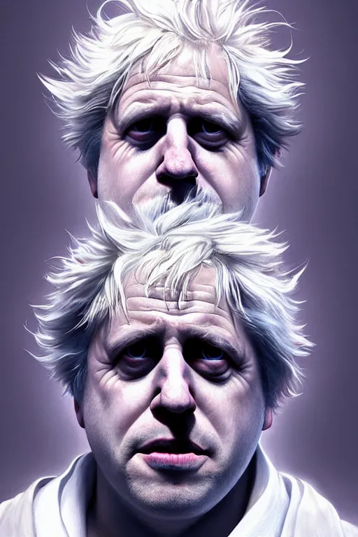 Image similar to Boris Johnson as Rick Sanchez, one eyebrow, white robe, big eyes, 3d octane render, symmetrical, highly detailed, digital painting, artstation, concept art, smooth, sharp focus, illustration, cinematic lighting, art by artgerm and greg rutkowski and alphonse mucha