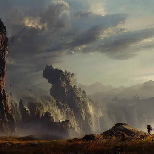 Image similar to enormous diety towering over the plains, volumetric lighting, 8 k octane beautifully detailed render, post - processing, extremely hyper - detailed, intricate, epic composition, cinematic lighting, masterpiece, trending on artstation, masterpiece, stunning art by anders zorn, wonderful masterpiece by greg rutkowski, beautiful cinematic