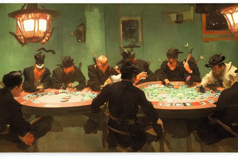 Prompt: ninjas playing poker, inside a tiny green room with red lights by joaquin sorolla, greg rutkowski, hokusai
