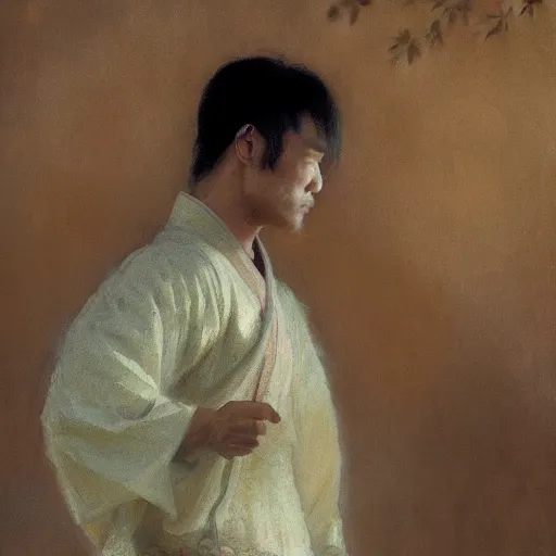 Image similar to a man wearing hanfu, muscular, painting by Gaston Bussiere, Craig Mullins