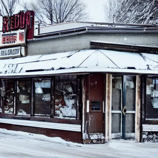 Prompt: a run down restaurant on a snowy street in the american rust belt, sharp, detailed