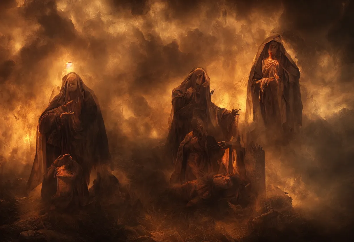 Prompt: holy mary weeps blood from her eyes and burns in hell, ominous apocalyptic background, hyperrealism, realistic, dramatic lighting, octane render, highly detailed, cinematic lighting, cinematic, art by rubens and rutkowski and rembrandt