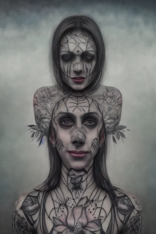 Image similar to tattooed beautiful cult woman in dress, transcendental meditation, expanding consciousness, and smiling, symmetric, dark, moody, eerie religious composition, photorealistic oil painting, post modernist layering, by Sean Yoro