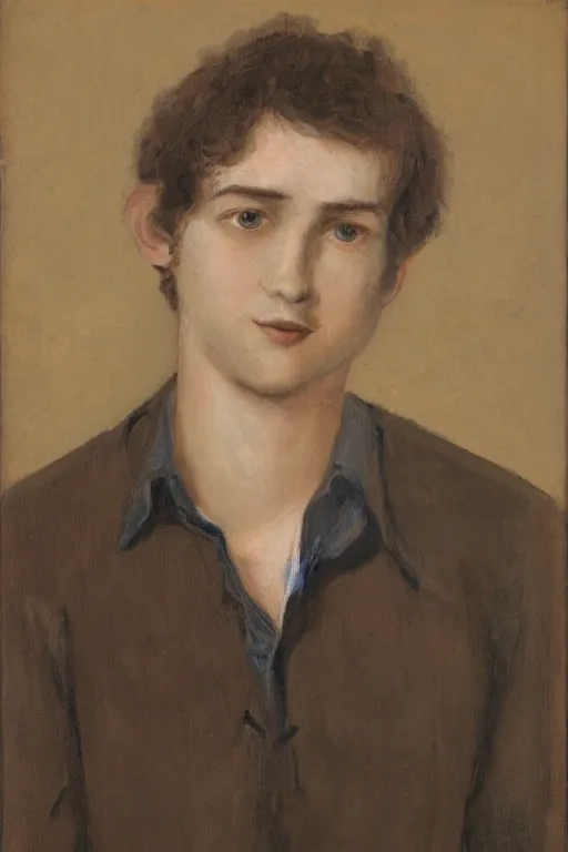 Prompt: A portrait en buste of a man in his twenties, soft round features, oval face, warm skin tone, blue grey eyes, short length wavy dark blond hair, kind smile, bags under eyes, slight stubble, wearing a textured ochre cotton dress shirt rolled at the elbows, fauvisme, art du XIXe siècle, figurative oil on canvas by André Derain, Albert Marquet, Auguste Herbin, Louis Valtat, Musée d'Orsay catalogue