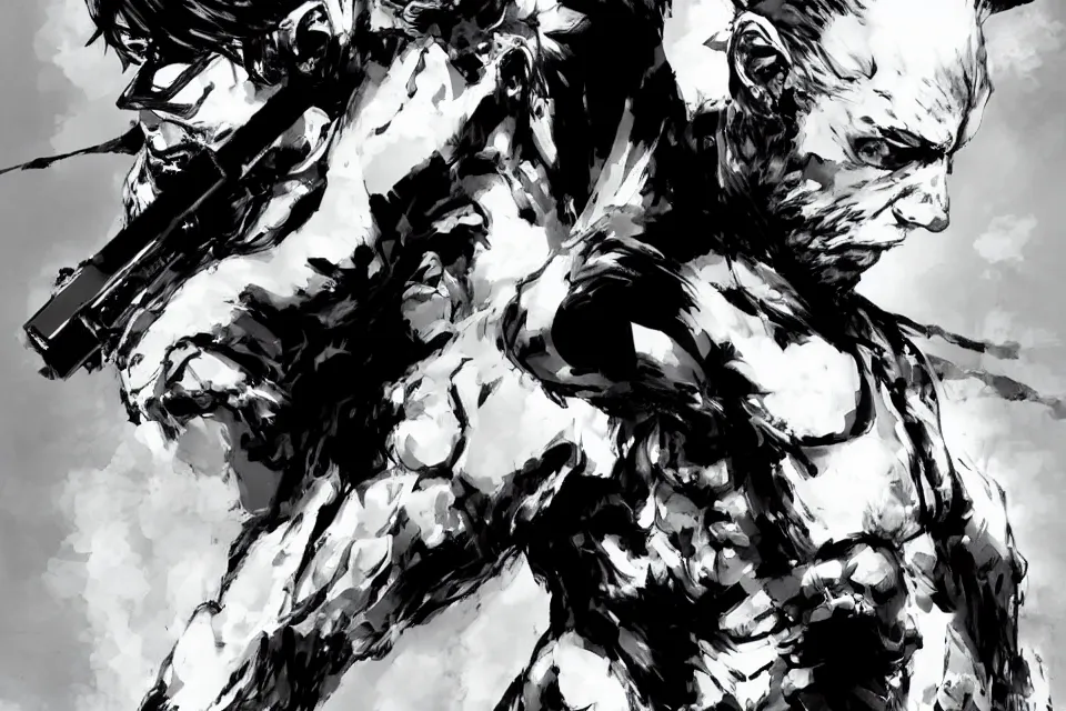 Prompt: a full - body portrait of shinzo abe, in yoji shinkawa's art style, metal gear solid art style highly detailed, 4 k, artistic, white background, b & w