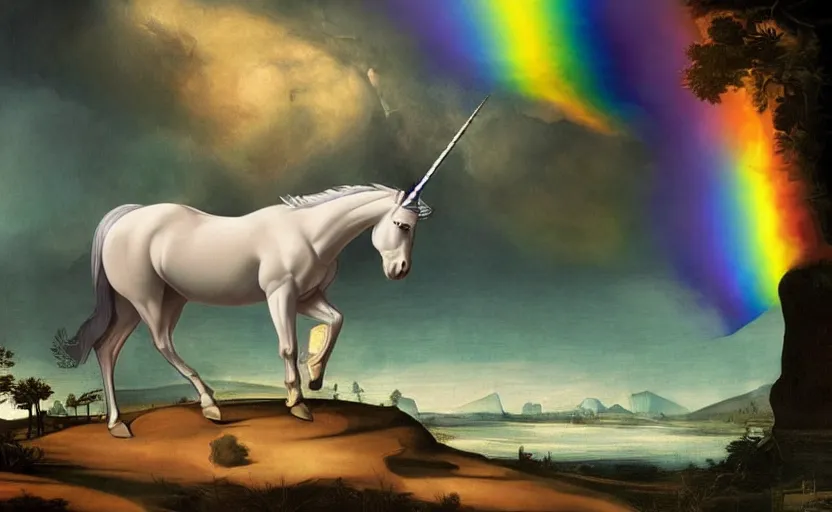 Image similar to a lonely unicorn walking on a rainbow in the universe in the style of Caravaggio, digital art, high quality, highly detailed, high coherence, anatomically correct, Caravaggio, concept art, marterpiece