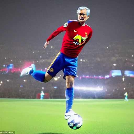 Image similar to jose mourinho flying in the sky as superman shooting lasers, award winning photograph