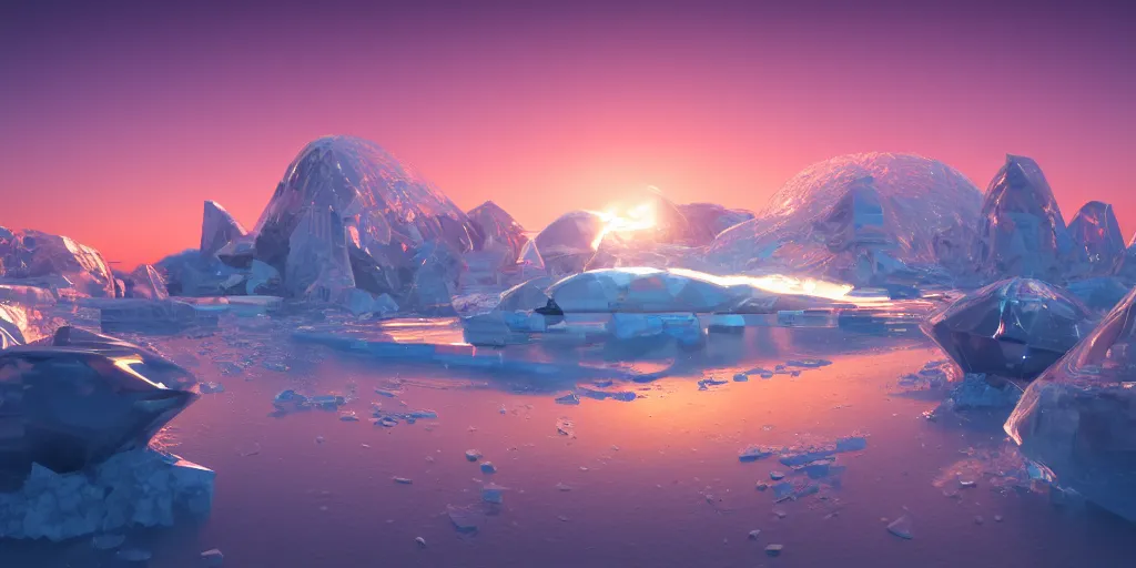 Image similar to futuristic reflective ice city, sunset glowing off a mountain in background, busy waves, ray tracing, refractive, planet in the sky, award winning, trending on artstation, digital art. highly detailed 8 k. intricate. lifelike. soft light. nikon d 8 5 0.