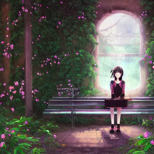 Image similar to advanced digital art. A beautiful girl is sitting on a bench reading in an abandoned train station that is overgrown with vines and flowers, Digital Anime pastel painting, Sakimichan, WLOP, RossDraws, pixivs, Makoto Shinkai. —H 2160