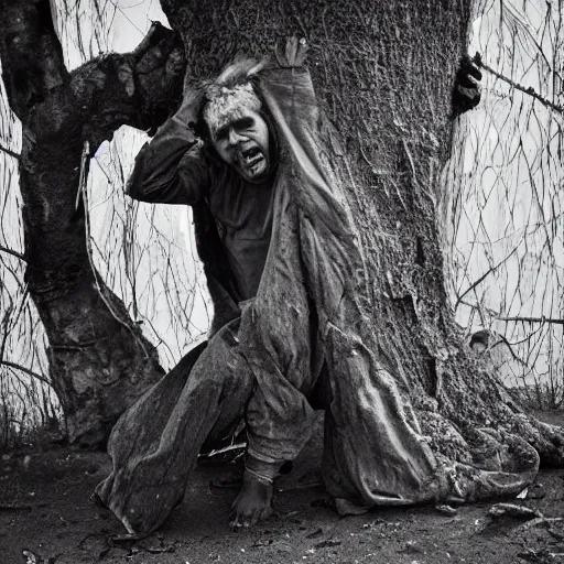 Image similar to The art installation shows a man caught in a storm, buffeted by wind and rain. He clings to a tree for support, but the tree is bent nearly double by the force of the storm. The man's clothing is soaked through and his hair is plastered to his head. His face is contorted with fear and effort. wabi-sabi, coloring-in sheet by William Steig lush