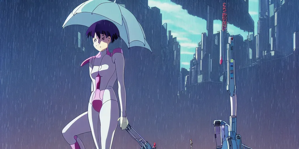 Image similar to twilight lighting, moody, atmospheric, solarpunk, eva - 0 1 from evangelion on a hill, rainy by ghibli studio and victor ngai, ghost in the shell, akira, pixar highly detailed, 8 k h 5 7 6