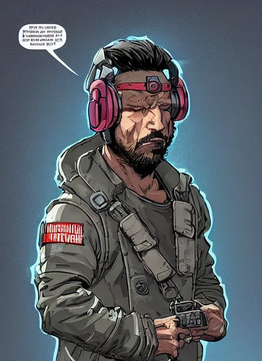 Image similar to Menacing Hector. buff cyberpunk mercenary wearing a cyberpunk headset, military vest, and pilot jumpsuit. square face. Concept art by James Gurney and Laurie Greasley. Moody Industrial skyline. Exaggerated proportions. ArtstationHQ. Creative character design for cyberpunk 2077.