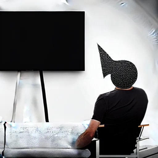 Image similar to a man with shit on his head sits on a chair in front of the tv, digital art, many details, super realistic, high quality, 8 k