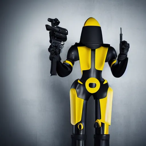 Image similar to a tall faceless security robot with dark grey and yellow armor holding a futuristic rifle