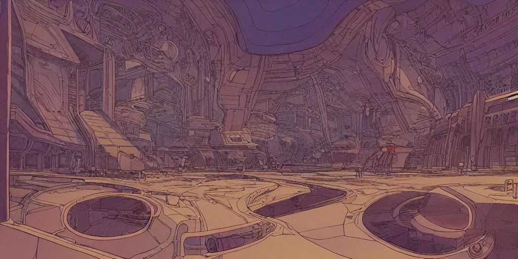 Prompt: cel shaded cinematic shot of the interior of a sci-fi space station with ornate Elven architecture, epic castle, illustration, sharp focus, concept art by Moebius, Jean Giraud Moebius