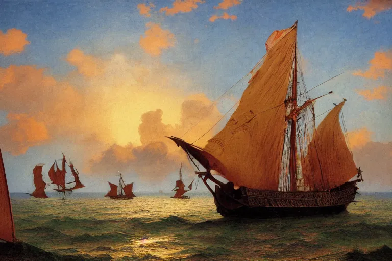 Prompt: painting of a spanish galleon, a spanish galleon, sailing the amazon river, jungle, sunset, clouds, chill, romantic, by ludwig deutsch and maxfield parrish, patterned tilework, extremely detailed, cinematic lighting, smooth sharp focus