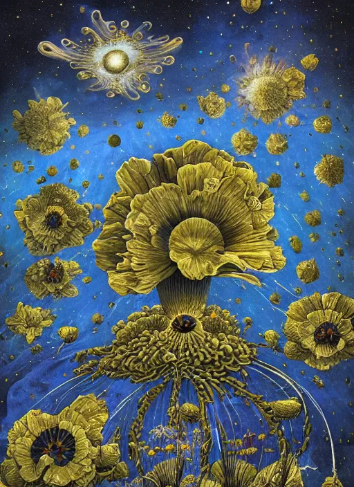 Image similar to detailed, intricate blue black and purple papaverum flower on the field, nebula, galaxy in the sky, winning award masterpiece, fantastically beautiful, illustration, aestheticly inspired, jacek yerka, upscale with anguissola sofonisba work, artstation, 8 k