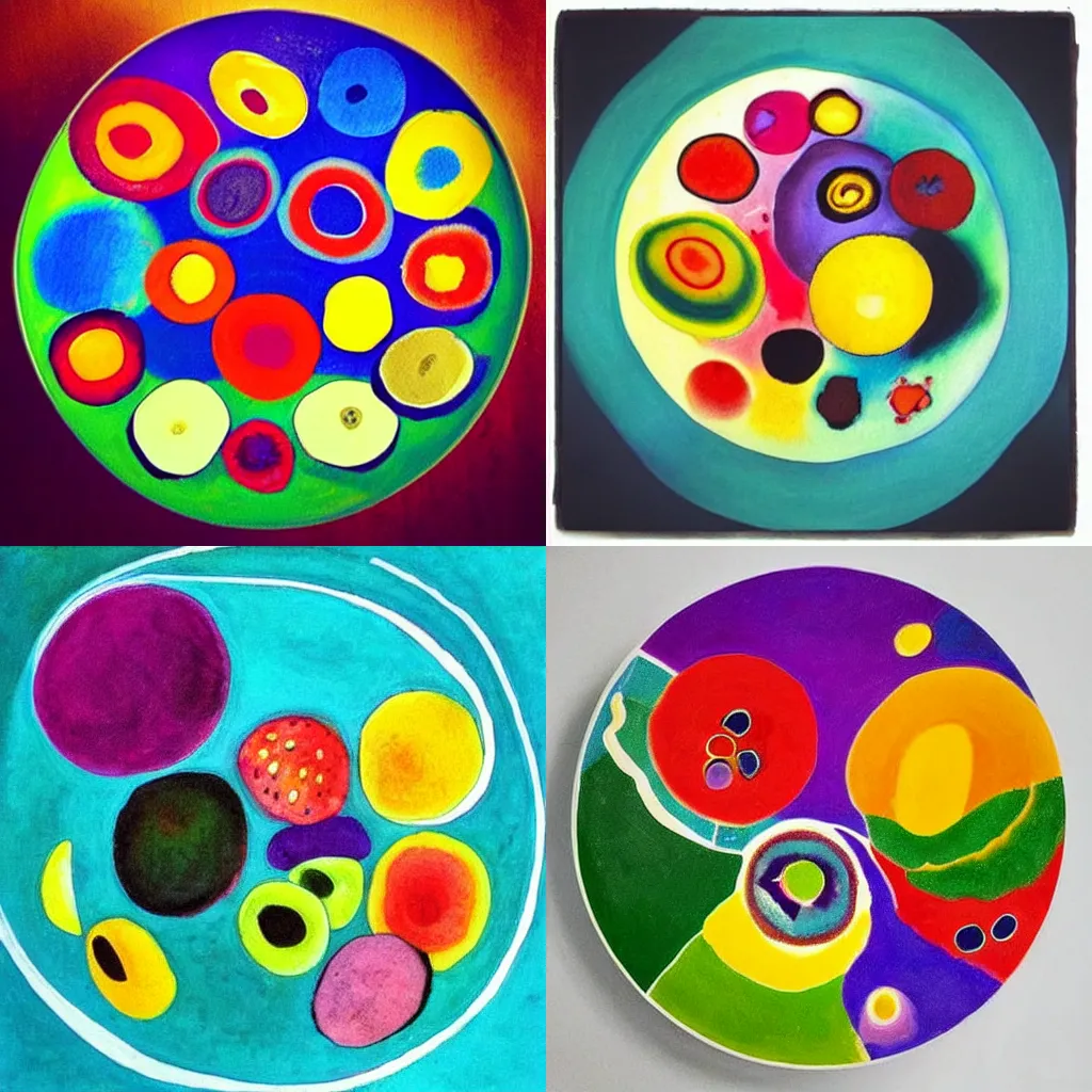 Prompt: “a bowl of colourful fruit painted in the style of circles within a circle by Vasily Kandinsky”