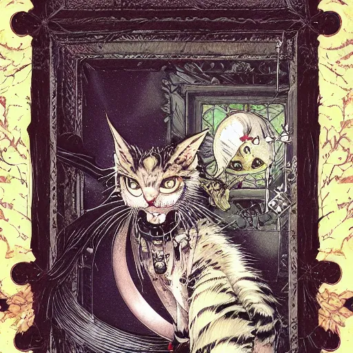 Image similar to vampire cat, inside a frame on a tiled wall, frontal picture, by yoichi hatakenaka, masamune shirow, josan gonzales and dan mumford, ayami kojima, takato yamamoto, karol bak