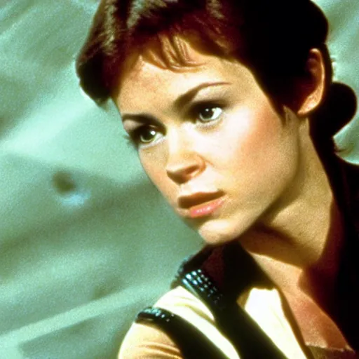 Prompt: A picture Alyssa Milano playing Han Solo. Beautiful Cinematic Photo. Still from Star Wars A New Hope.