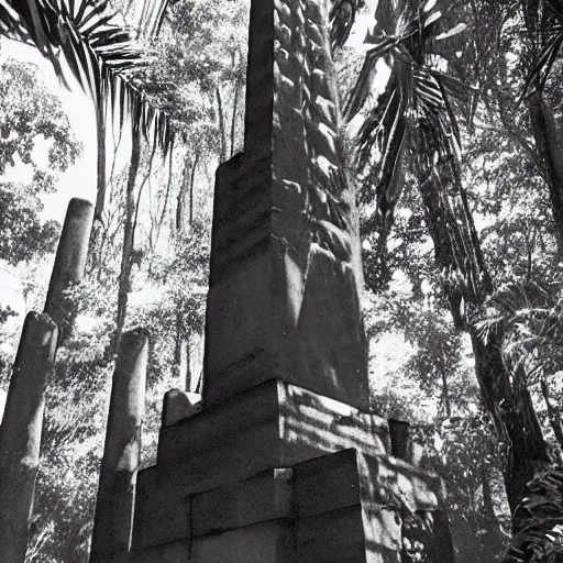 Image similar to lost film footage of a sacred brutalism totem in the middle of the tropical jungle / film still / cinematic / enhanced / 1 9 2 0 s / black and white / grain